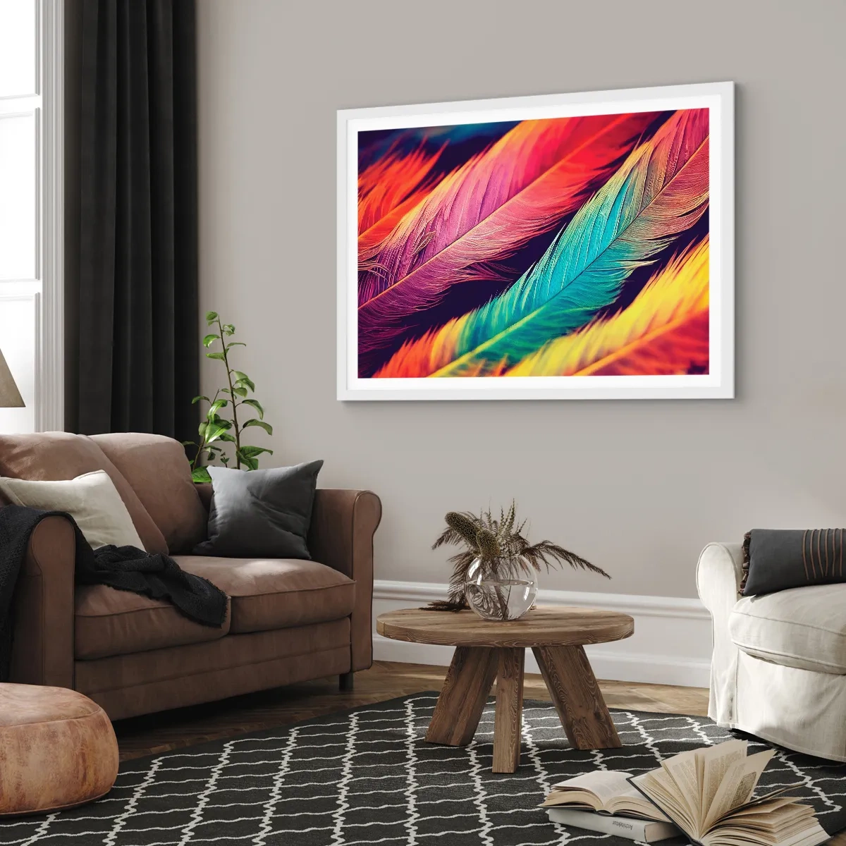 Affiche dans un cadre blanc - Poster - Arc-en-ciel de plumes - 100x70 cm