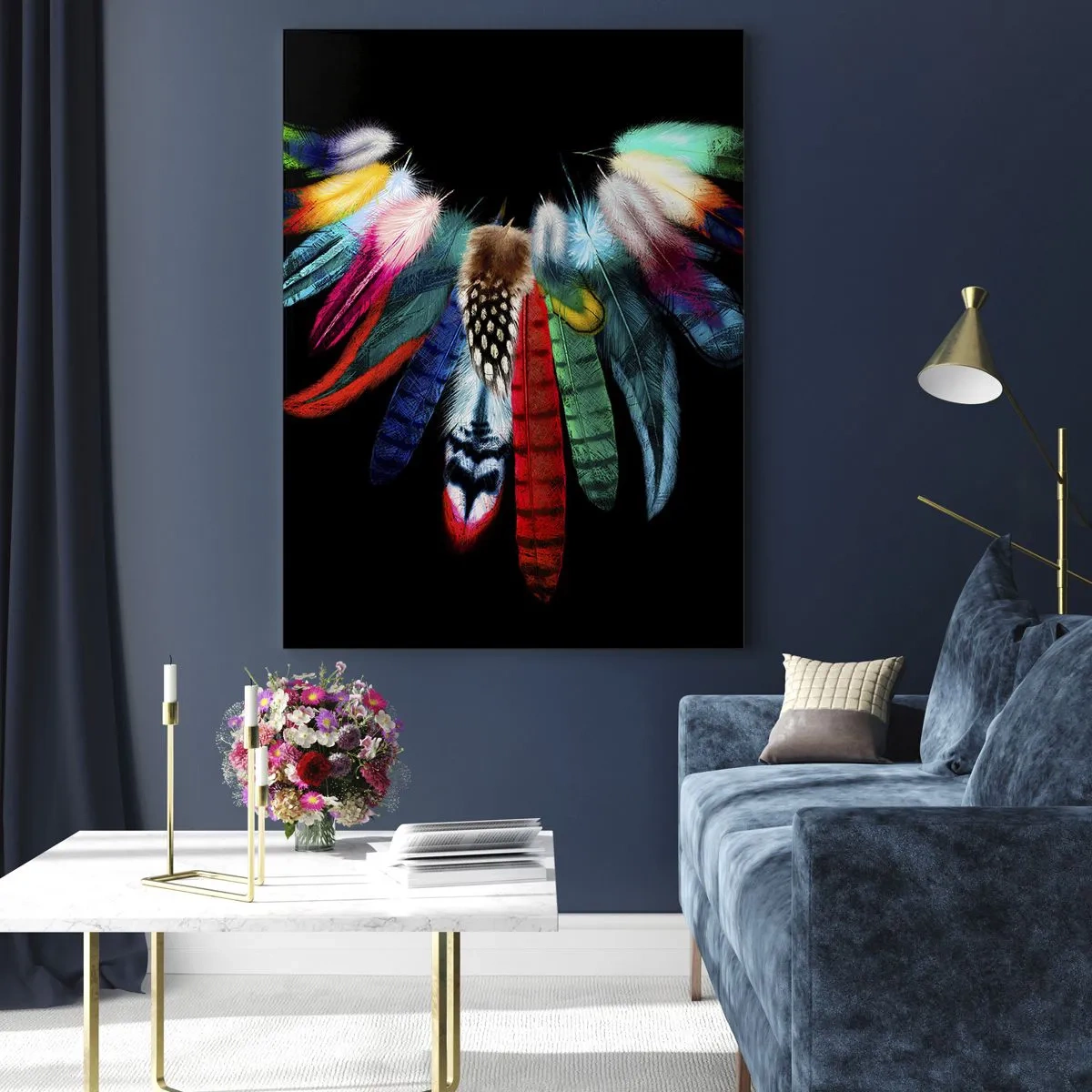 Impression sur verre - Image sur verre - Plumes colorées sur fond noir dans une composition artistique - 70x100cm - Collier indien - Décoration murale moderne pour le salon et la chambre ARTTOR