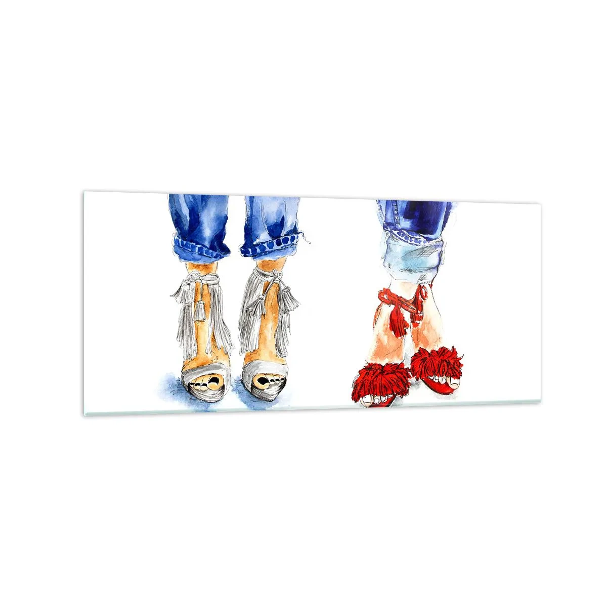 Impression sur verre - Image sur verre - Illustration de deux paires de chaussures dans des sandales élégantes et un jean - 120x50cm - Peut-être irons-nous nous promener? - Décoration murale moderne pour le salon et la chambre ARTTOR