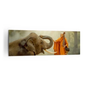 Impression sur toile - Image sur toile - Un moine et un éléphant en harmonie avec la nature en toile de fond - 160x50cm - Rencontre en voyageant - Décoration murale moderne pour le salon et la chambre ARTTOR