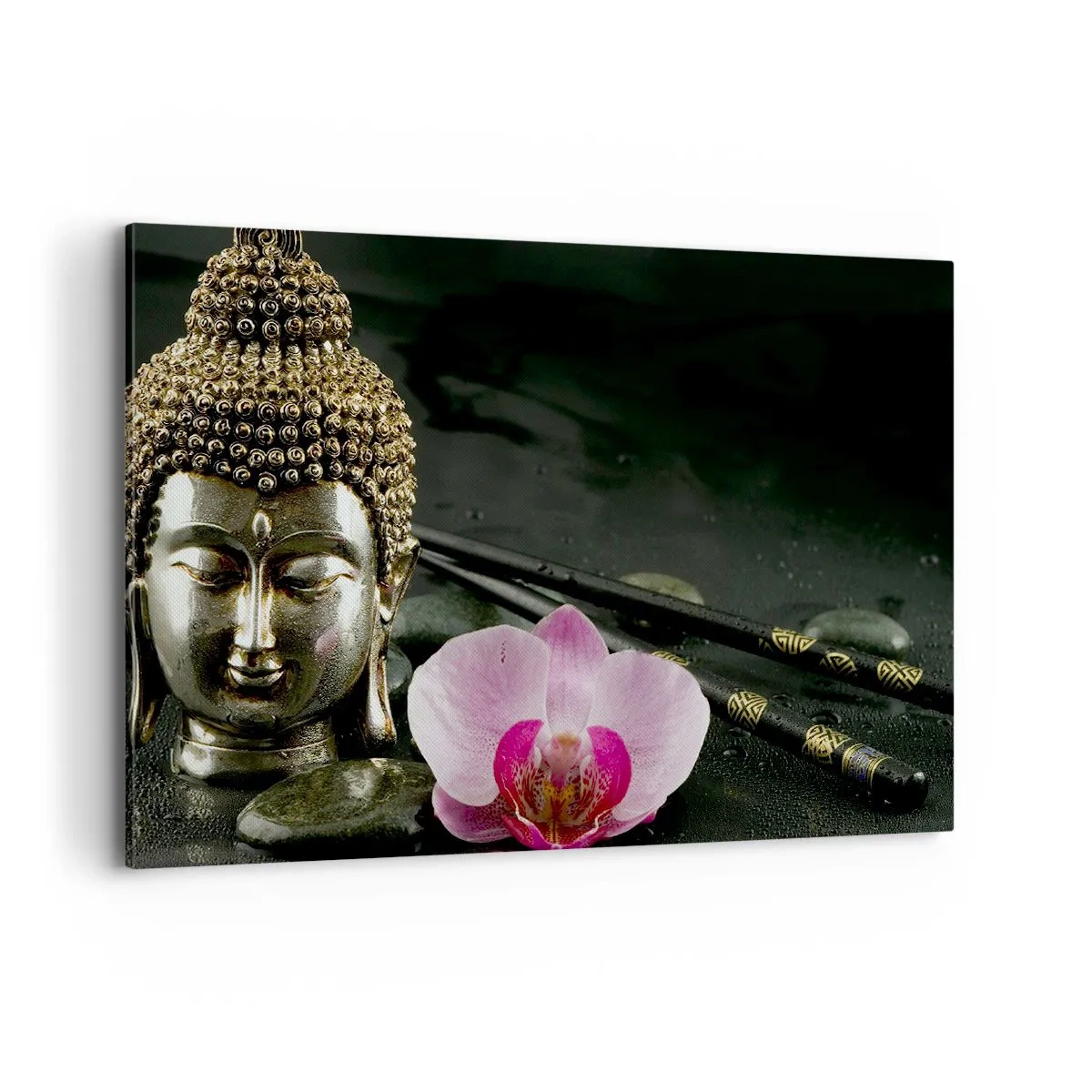 Impression sur toile - Image sur toile - Une statuette de Bouddha avec une orchidée et des baguettes sur un fond de pierres - 100x70cm - Harmonie de la sagesse et de la beauté - Décoration murale moderne pour le salon et la chambre ARTTOR