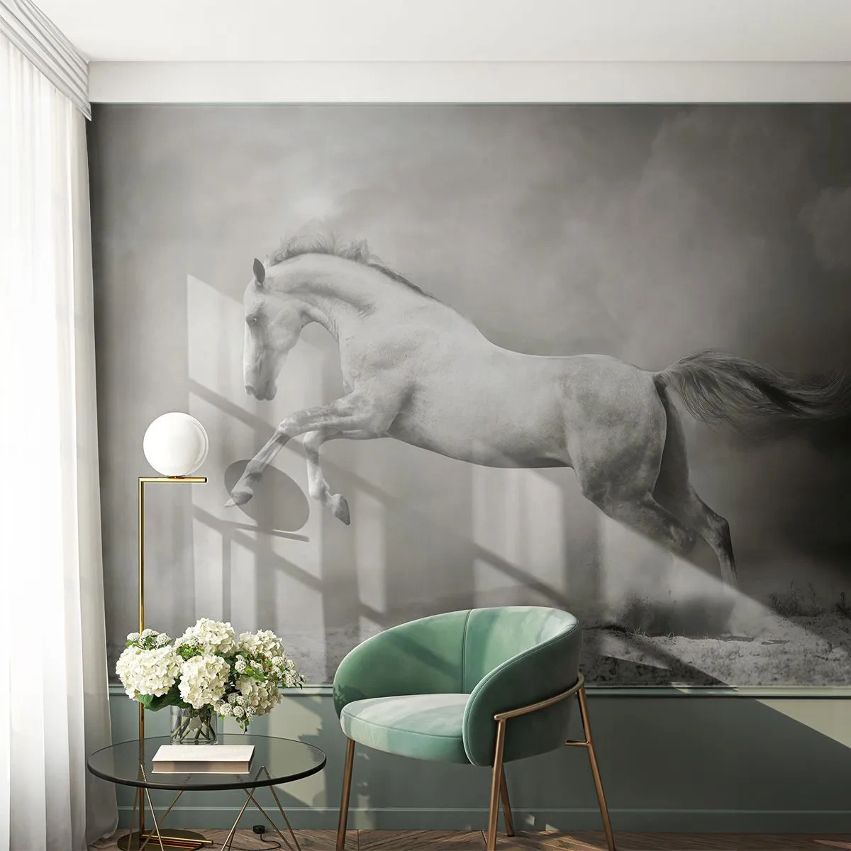 Papier Peint Photo Premium Sand - Un cheval sauteur dans un décor noir et blanc - 100x70cm - Entre le réveil et le sommeil - Décoration murale moderne pour le salon et la chambre ARTTOR
