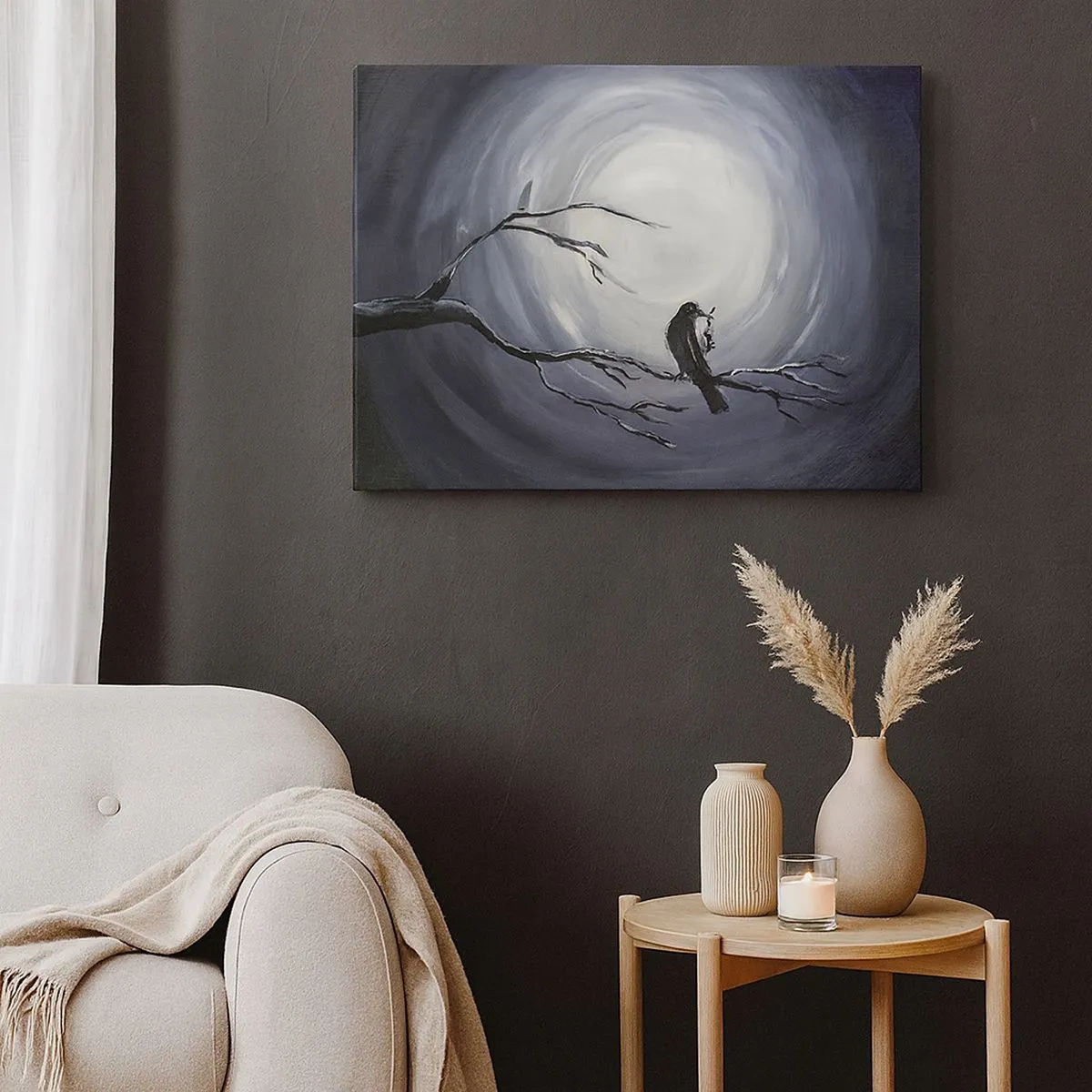 Impression sur toile - Image sur toile - Oiseau noir sur une branche au clair de lune - 70x50cm - La clé du mystère de la nuit - Décoration murale moderne pour le salon et la chambre ARTTOR
