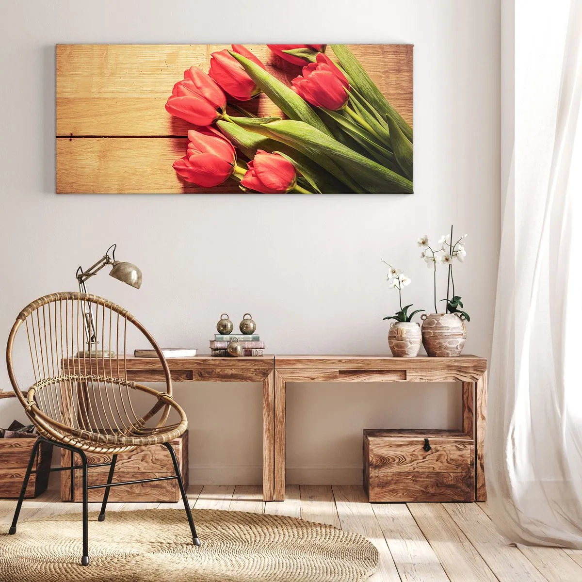 Impression sur toile - Image sur toile - Un bouquet de tulipes roses sur un fond en bois - 140x50cm - Défi du printemps - Décoration murale moderne pour le salon et la chambre ARTTOR