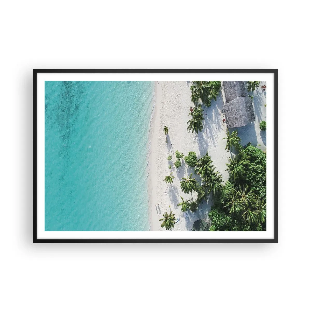 Affiche dans un cadre noir - Poster - Vue plongeante sur une plage tropicale avec de l'eau turquoise et des palmiers - 100x70cm - Vacances au paradis - Décoration murale moderne pour le salon et la chambre ARTTOR