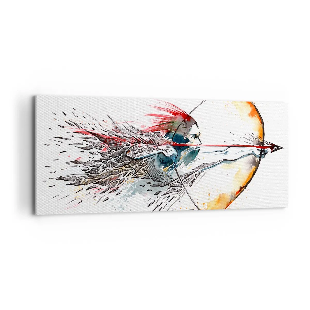 Impression sur toile - Image sur toile - Aquarelle dynamique d'un guerrier avec un arc et des flèches - 120x50cm - Guerrier mythique avec un arc de feu - Décoration murale moderne pour le salon et la chambre ARTTOR