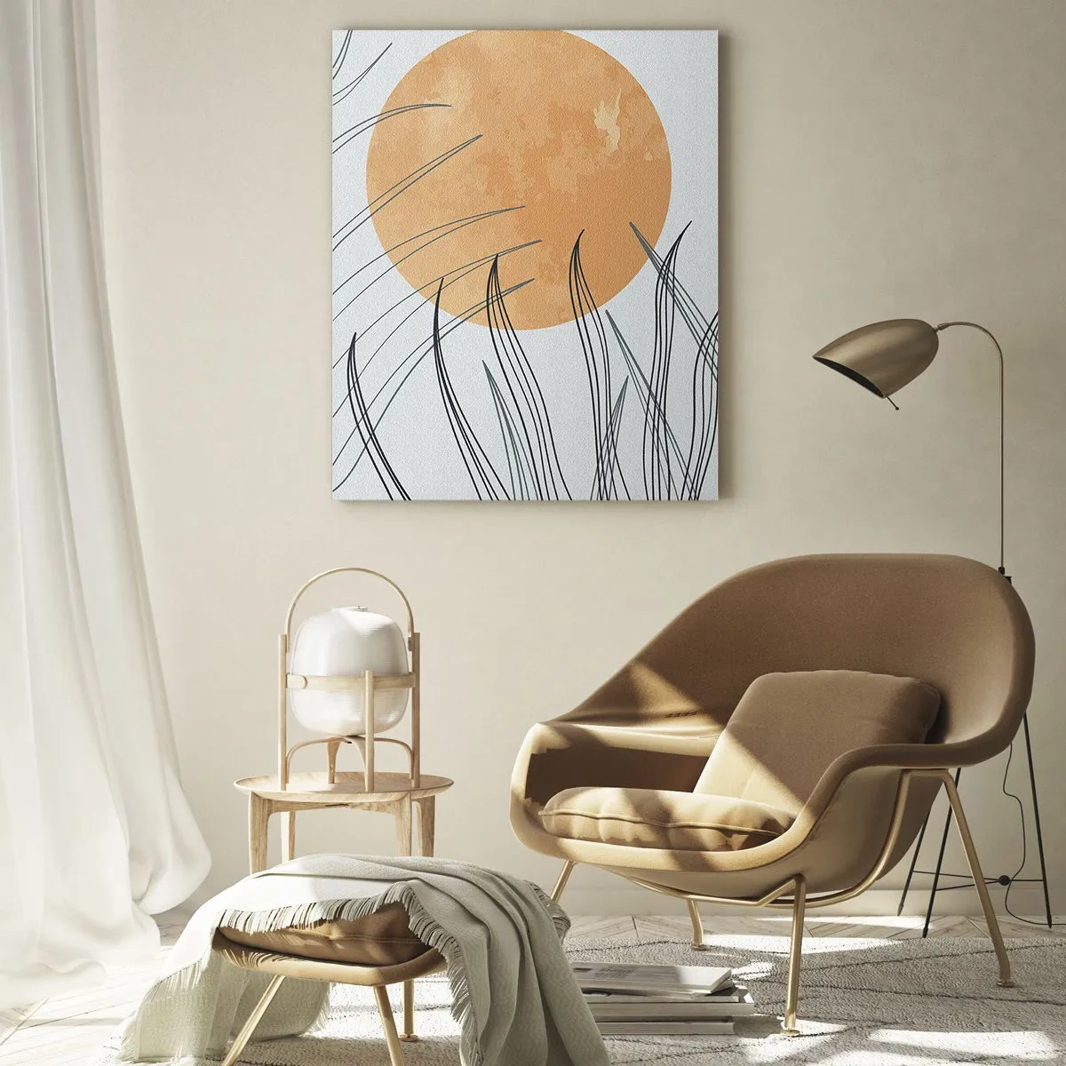 Impression sur verre - Image sur verre - Soleil orange avec des lignes dynamiques sur fond clair - 50x70cm - Toujours vers le soleil - Décoration murale moderne pour le salon et la chambre ARTTOR