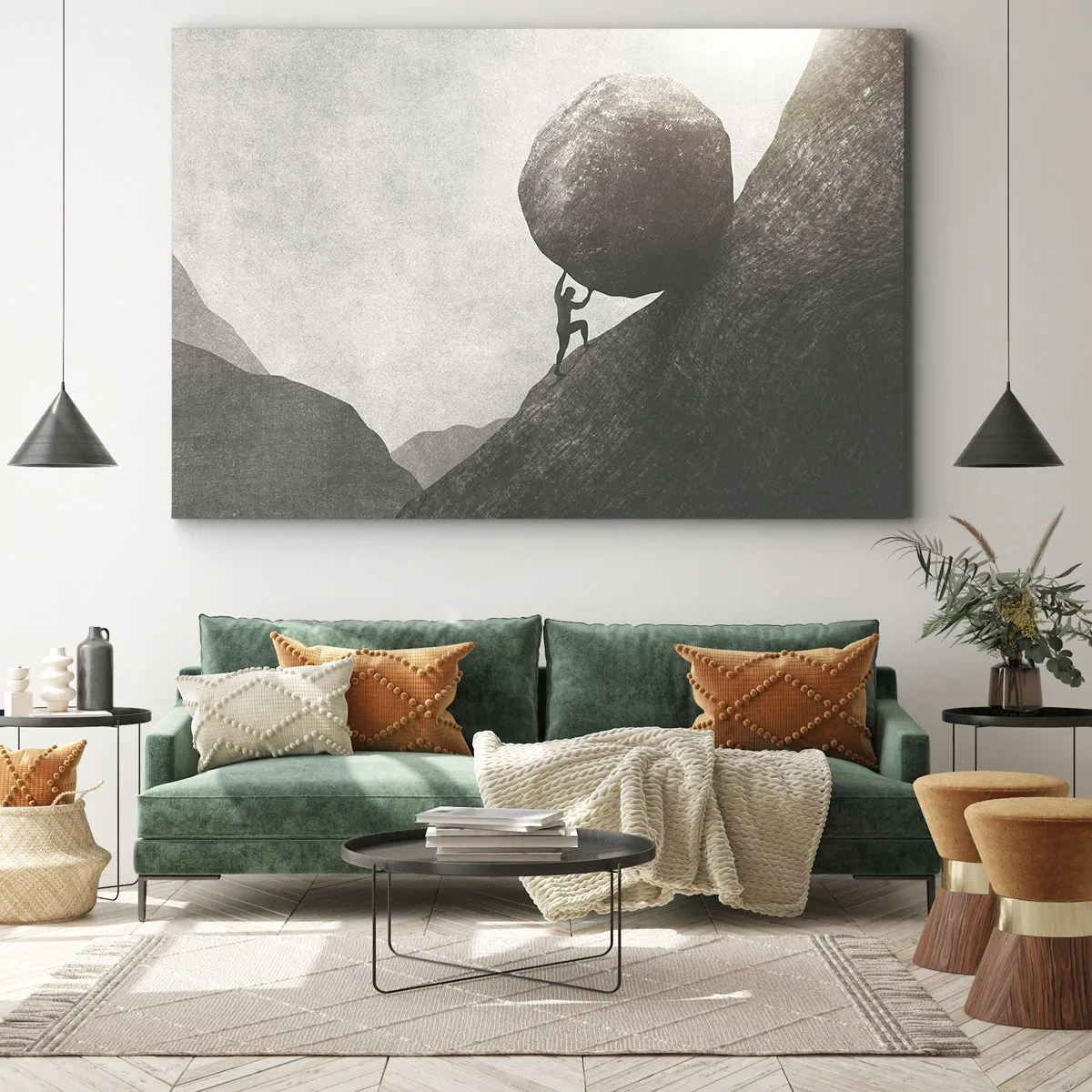 Impression sur toile - Image sur toile - Un homme escaladant un énorme rocher sur une colline - 70x50cm - Je crois contre tout espoir - Décoration murale moderne pour le salon et la chambre ARTTOR