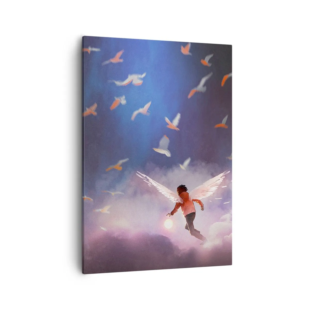 Impression sur toile - Image sur toile - Une figure avec des ailes d'ange flottant parmi les oiseaux dans le ciel - 50x70cm - Il faut de l'imagination et du courage - Décoration murale moderne pour le salon et la chambre ARTTOR