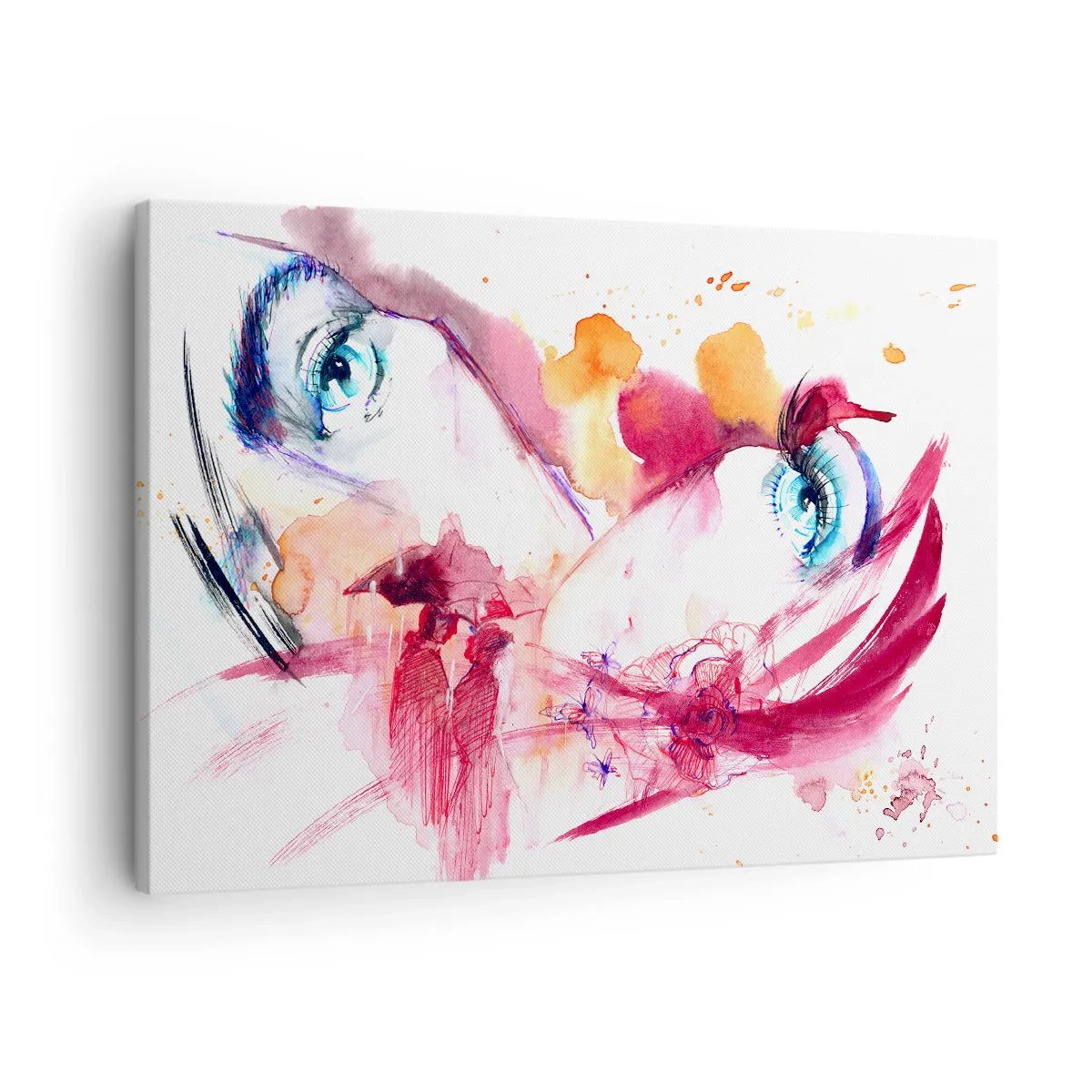 Impression sur toile - Image sur toile - Un visage abstrait avec des yeux expressifs et des accents rouges. - 70x50cm - Le monde prospère dans la proximité - Décoration murale moderne pour le salon et la chambre ARTTOR