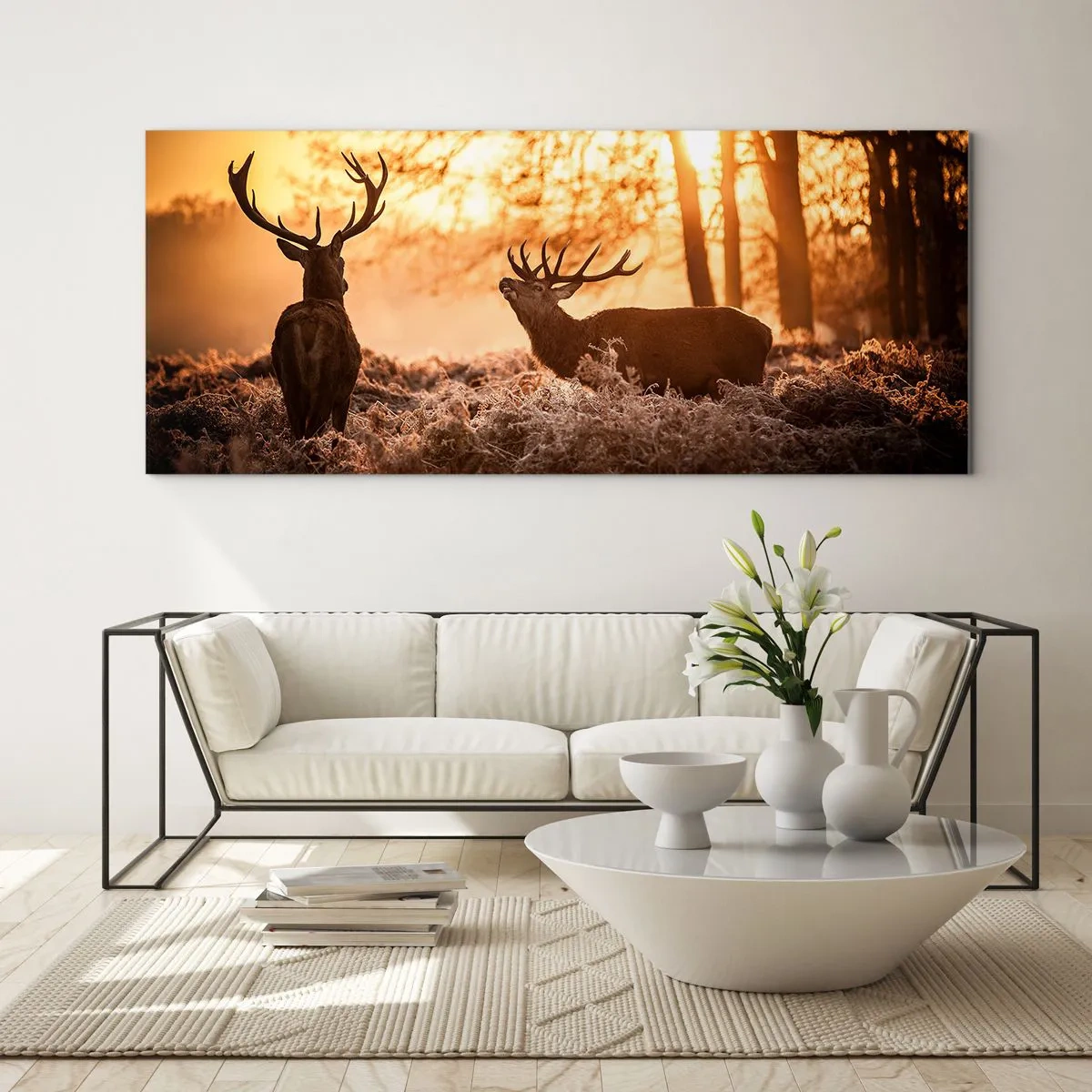 Impression sur verre - Image sur verre - Deux cerfs au coucher du soleil dans un paysage hivernal - 160x50cm - Le rêve d'un chasseur - Décoration murale moderne pour le salon et la chambre ARTTOR