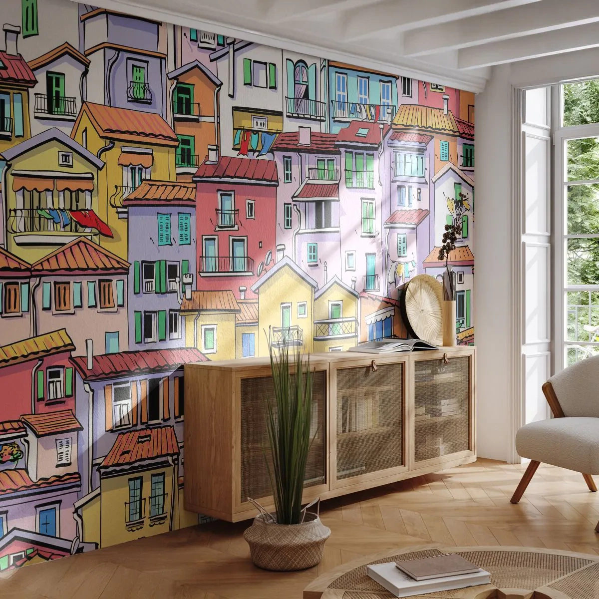 Papier Peint Photo Premium Sand - Des immeubles colorés dans un style de conte de fées et de dessin animé - 100x70cm - Ville joyeuse - Décoration murale moderne pour le salon et la chambre ARTTOR