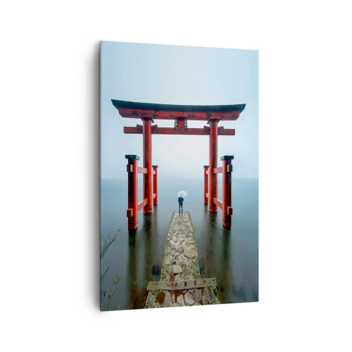 Impression sur toile - Image sur toile - Un portail torii surplombant un lac tranquille au Japon - 80x120cm - Rêverie japonnaise - Décoration murale moderne pour le salon et la chambre ARTTOR
