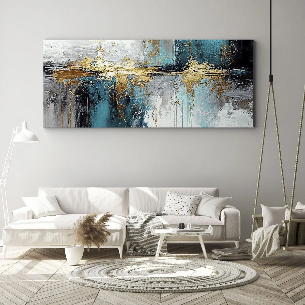 Impression sur toile - Image sur toile - Une composition abstraite aux accents turquoise et dorés. - 120x50cm - Tout coule - Décoration murale moderne pour le salon et la chambre ARTTOR