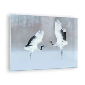 Impression sur verre - Image sur verre - Grues dansantes sur fond de paysage hivernal - 70x50cm - Danse dans le brouillard - Décoration murale moderne pour le salon et la chambre ARTTOR
