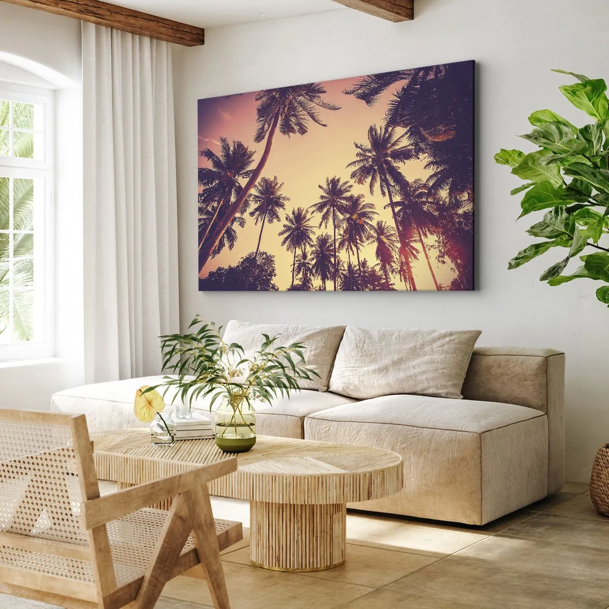 Impression sur toile - Image sur toile - Palmiers contre le ciel aux couleurs chaudes du coucher de soleil - 100x70cm - Variation tropicale - Décoration murale moderne pour le salon et la chambre ARTTOR