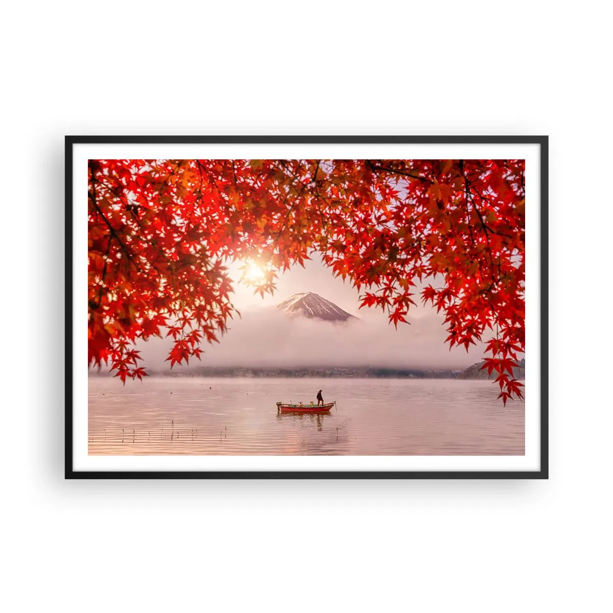 Affiche dans un cadre noir - Poster - Un bateau sur un lac entouré de feuilles d'érable rouges - 100x70cm - Dans le climat japonais - Décoration murale moderne pour le salon et la chambre ARTTOR