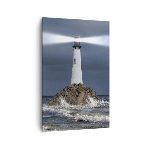 Impression sur toile - Image sur toile - Un phare sur un rocher entouré d'une mer agitée - 80x120cm - I… i… ici ! - Décoration murale moderne pour le salon et la chambre ARTTOR