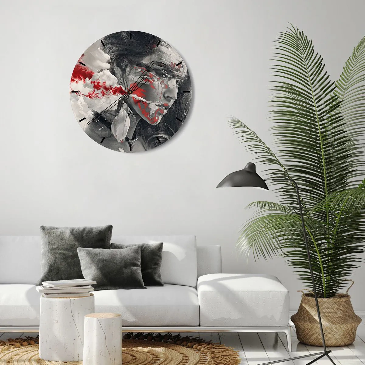 Horloge murale - Pendule murale - Un visage de femme avec des accents abstraits rouges et blancs - 30x30cm - Dans les fumées de l'absurde - Décoration murale moderne pour le salon, la cuisine et la chambre ARTTOR
