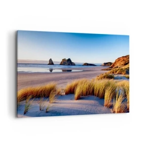 Impression sur toile - Image sur toile - Une plage pittoresque avec vue sur les rochers et la mer au coucher du soleil - 100x70cm - Pour les chercheurs de paix - Décoration murale moderne pour le salon et la chambre ARTTOR