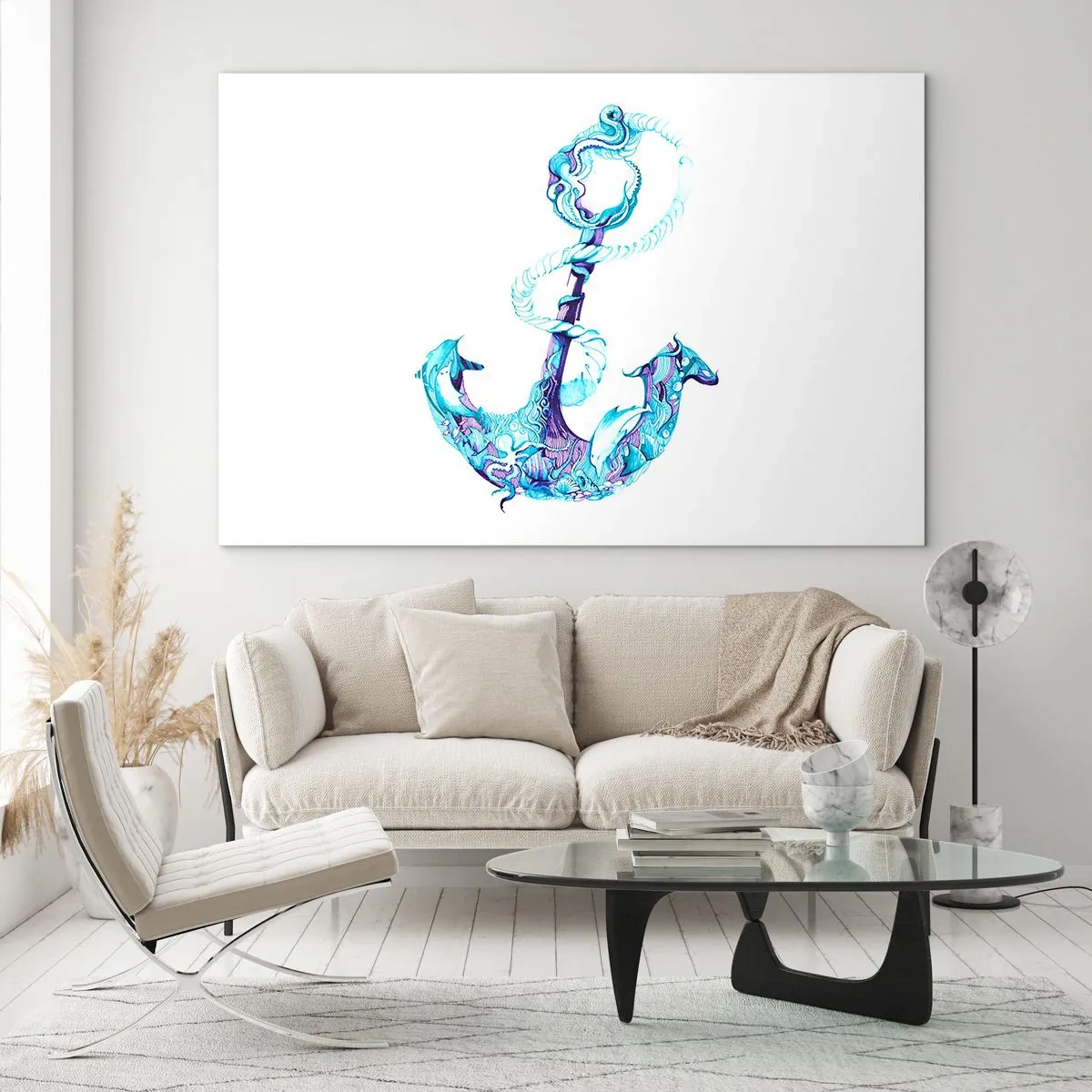 Impression sur verre - Image sur verre - Ancre avec des motifs nautiques dans un style artistique - 70x50cm - Le confident des secrets de la mer - Décoration murale moderne pour le salon et la chambre ARTTOR