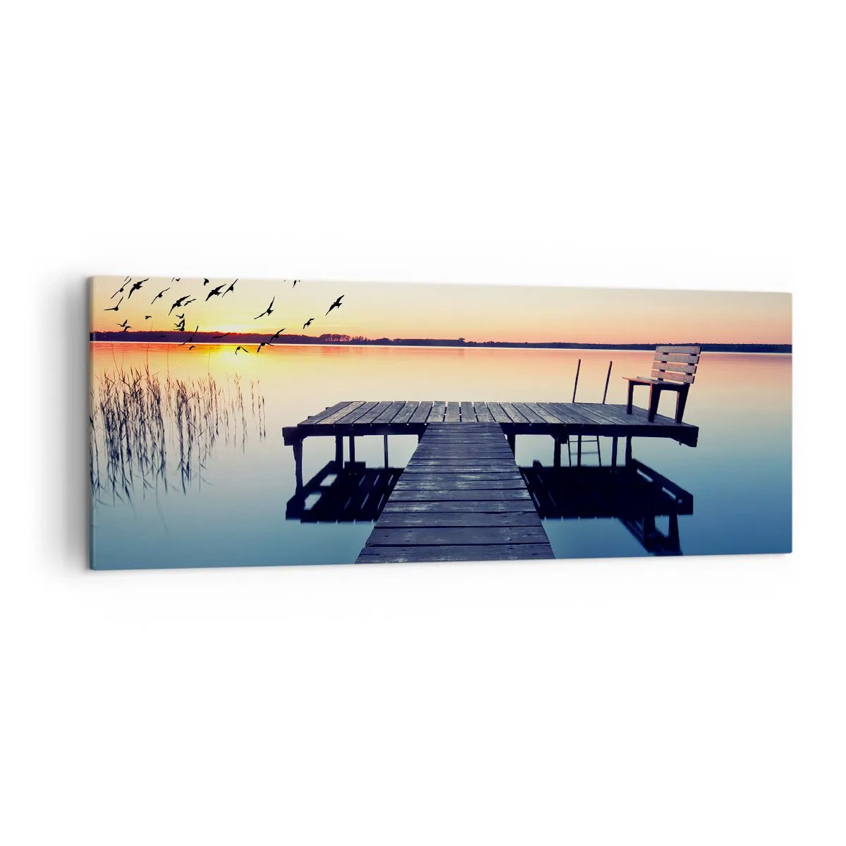 Impression sur toile - Image sur toile - Jetée en bois sur un lac au lever du soleil avec des oiseaux - 140x50cm - C'était une bonne journée - Décoration murale moderne pour le salon et la chambre ARTTOR