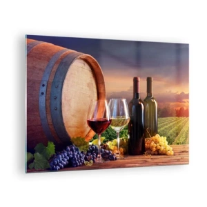 Impression sur verre - Image sur verre - Des vignes, un tonneau et des verres sur fond de soleil couchant - 70x50cm - Ici la vie a du goût - Décoration murale moderne pour le salon et la chambre ARTTOR