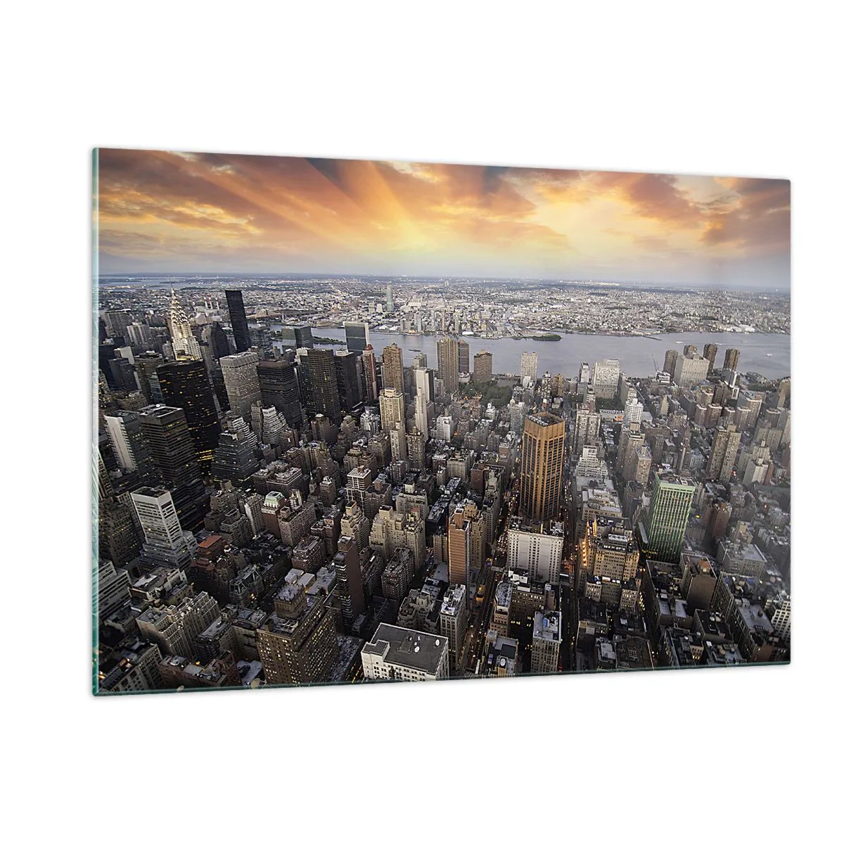 Impression sur verre - Image sur verre - Panorama de la ville avec vue sur les gratte-ciels au coucher du soleil - 120x80cm - Le cœur battant de notre époque - Décoration murale moderne pour le salon et la chambre ARTTOR
