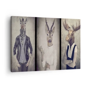 Impression sur toile - Image sur toile - Un triptyque avec des figures animales en vêtements humains sur un fond artistique - 70x50cm - Laissons parler les gestes - Décoration murale moderne pour le salon et la chambre ARTTOR