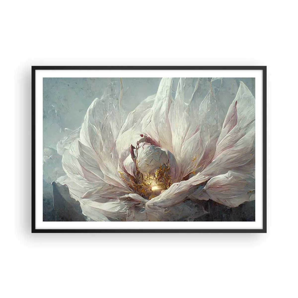 Affiche dans un cadre noir - Poster - Une fleur blanche délicate avec de subtils accents dorés - 100x70cm - Il fleurit une fois tous les cent ans - Décoration murale moderne pour le salon et la chambre ARTTOR