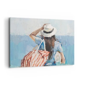Impression sur toile - Image sur toile - Une femme avec un chapeau contre la mer bleue - 100x70cm - Bienvenue à vos vacances - Décoration murale moderne pour le salon et la chambre ARTTOR