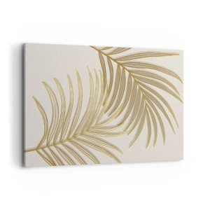 Impression sur toile - Image sur toile - Feuilles de palmier dorées sur fond clair dans un style minimaliste - 120x80cm - Palme d'or! - Décoration murale moderne pour le salon et la chambre ARTTOR