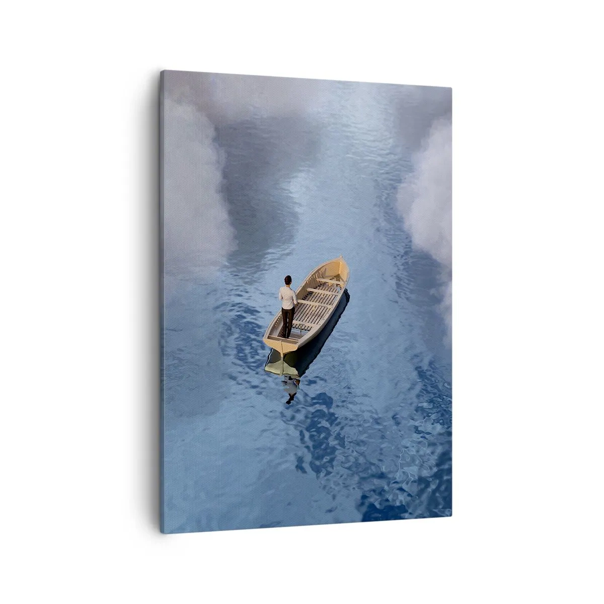 Impression sur toile - Image sur toile - Un homme dans un bateau sur une mer calme entourée de nuages - 50x70cm - Vie – voyage – inconnu - Décoration murale moderne pour le salon et la chambre ARTTOR