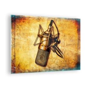Impression sur verre - Image sur verre - Un microphone doré sur un fond vintage - 70x50cm - Les années d'or de la radio - Décoration murale moderne pour le salon et la chambre ARTTOR