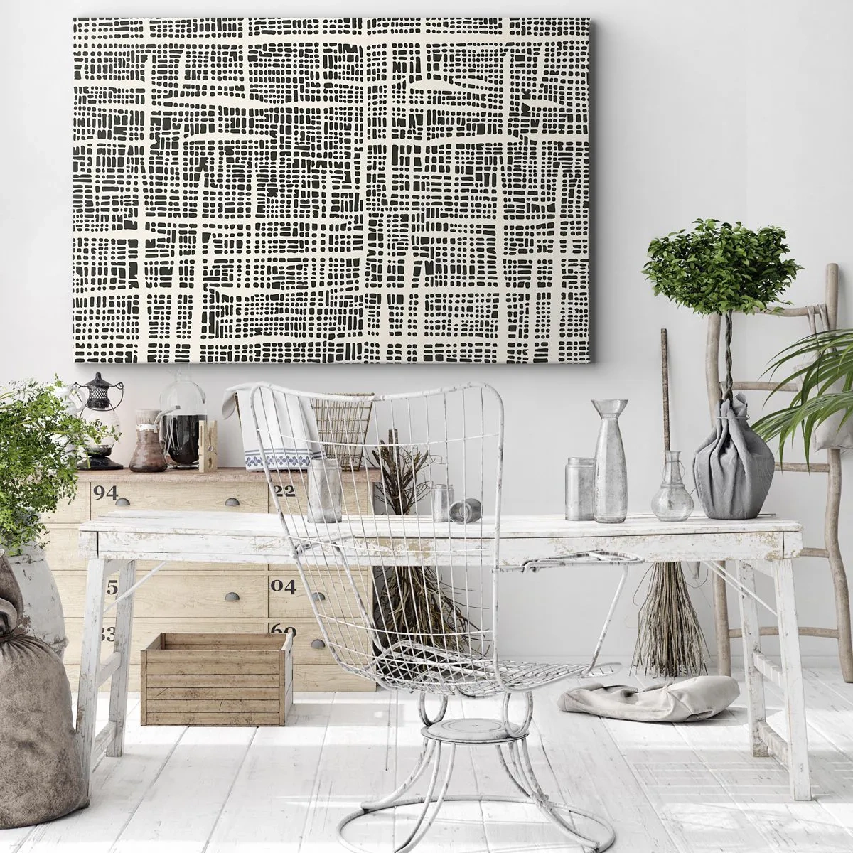 Impression sur toile - Image sur toile - Un motif géométrique ressemblant à une grille sur un fond clair - 100x70cm - Composition tissée - Décoration murale moderne pour le salon et la chambre ARTTOR