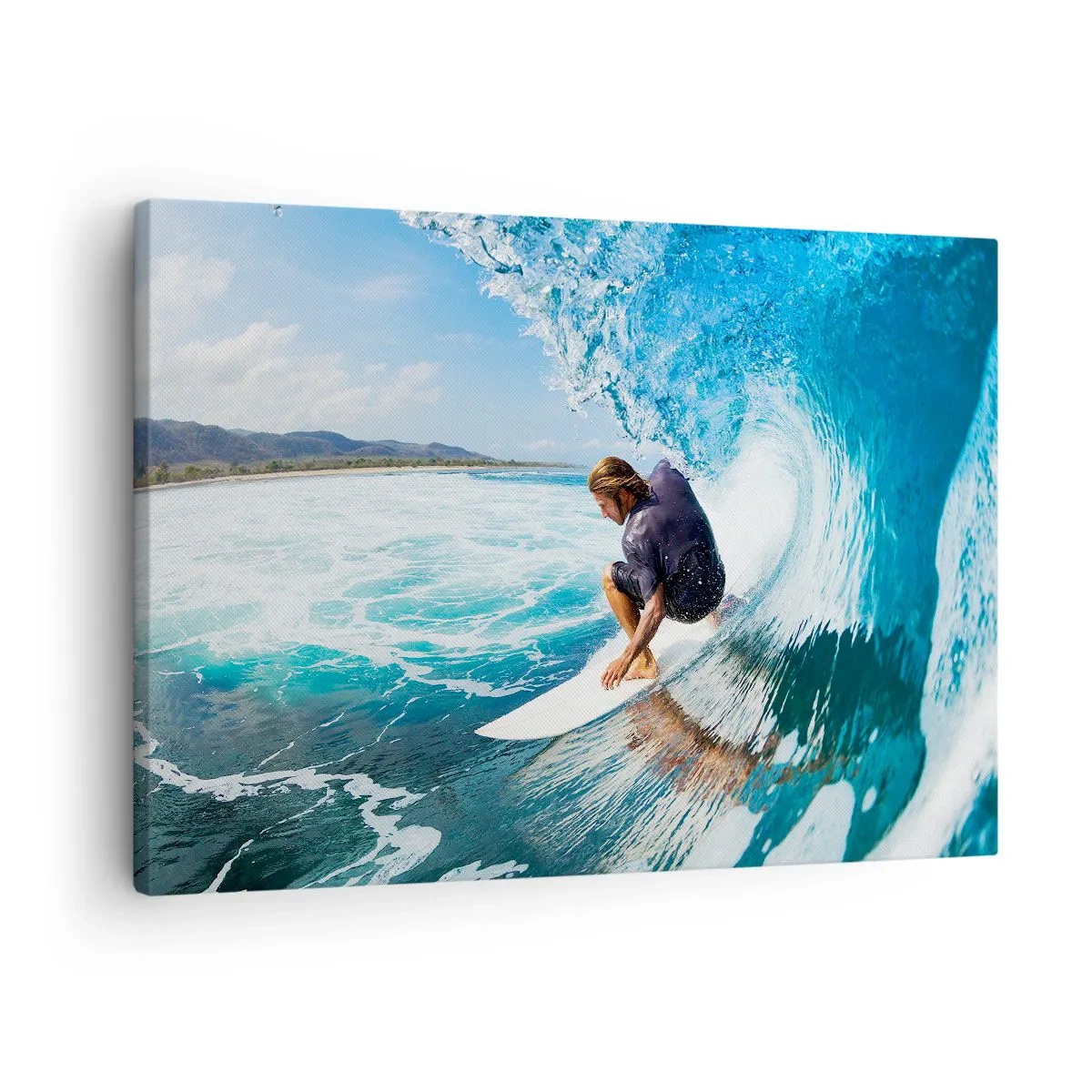 Impression sur toile - Image sur toile - Un surfeur dans une pose dynamique sur une vague dans une eau turquoise. - 70x50cm - Danse avec les vagues - Décoration murale moderne pour le salon et la chambre ARTTOR