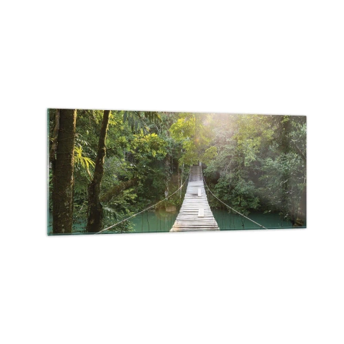Impression sur verre - Image sur verre - Un pont suspendu dans une forêt tropicale illuminée par la lumière du soleil. - 120x50cm - De l'eau azur à la forêt azur - Décoration murale moderne pour le salon et la chambre ARTTOR
