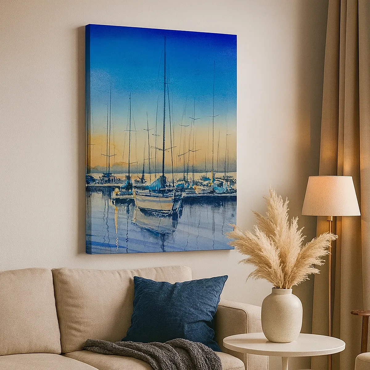 Impression sur toile - Image sur toile - Port de plaisance au coucher du soleil avec reflets sur l'eau - 50x70cm - Fin d'une belle journée - Décoration murale moderne pour le salon et la chambre ARTTOR