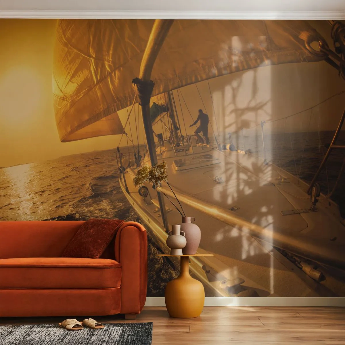 Papier Peint Photo Premium Sand - Un voilier en mer au coucher du soleil - 100x70cm - Une soirée en por après une journée haute en couleurs - Décoration murale moderne pour le salon et la chambre ARTTOR