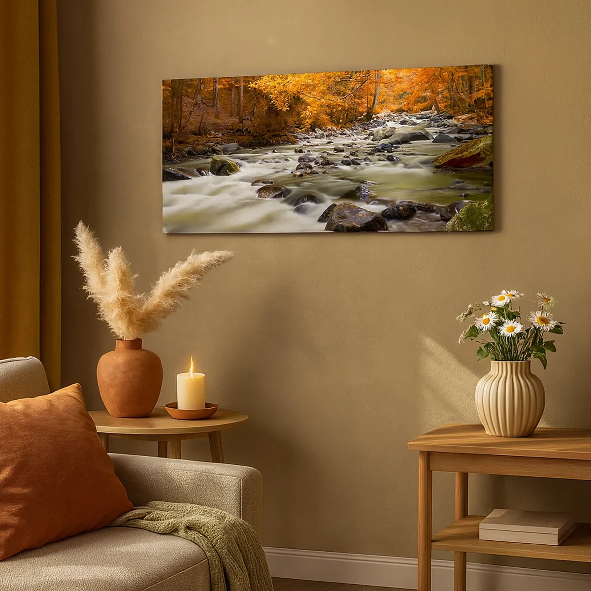 Impression sur toile - Image sur toile - Un ruisseau dans une forêt dorée - 30x30 cm