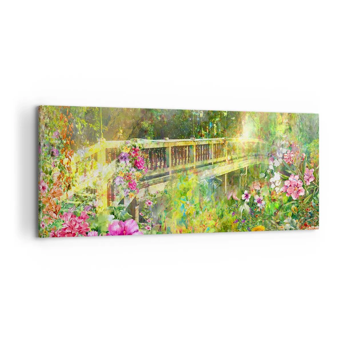 Impression sur toile - Image sur toile - Un pont entouré d'une végétation luxuriante et de fleurs - 120x50cm - Le soupire d'un pont de printemps - Décoration murale moderne pour le salon et la chambre ARTTOR