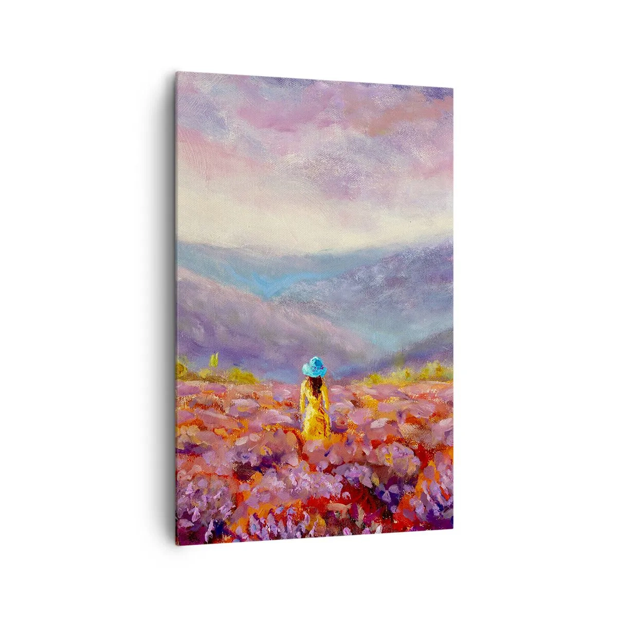 Impression sur toile - Image sur toile - Une femme portant un chapeau marchant dans un champ de lavande. - 80x120cm - Dans un monde lavande - Décoration murale moderne pour le salon et la chambre ARTTOR