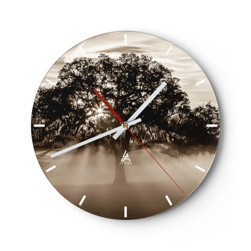 Horloge murale - Pendule murale - Arbre dans une scène brumeuse à l'aube en sépia - 30x30cm - Arbre de bonnes nouvelles - Décoration murale moderne pour le salon, la cuisine et la chambre ARTTOR