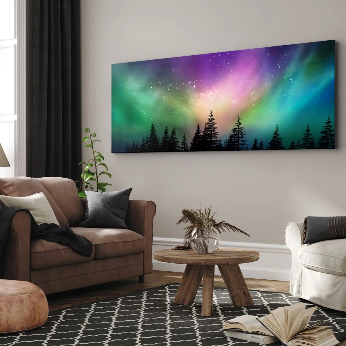 Impression sur toile - Image sur toile - Aurore boréale au-dessus d'une forêt avec un ciel étoilé - 140x50cm - Magie blanche - Décoration murale moderne pour le salon et la chambre ARTTOR