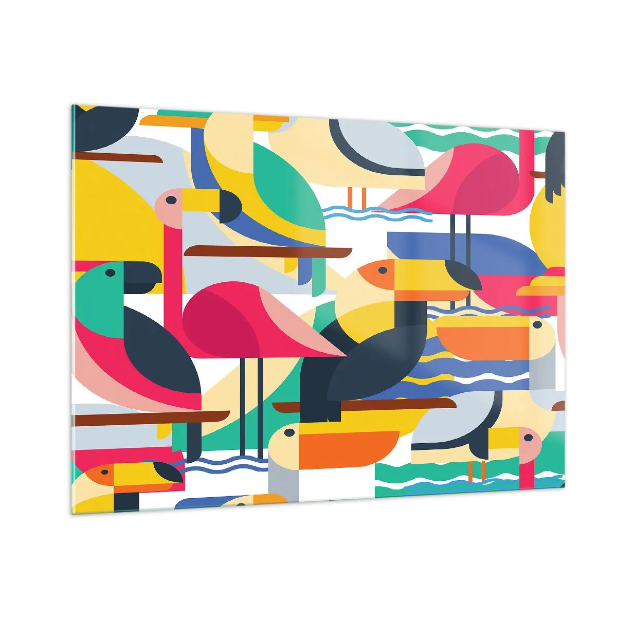 Impression sur verre - Image sur verre - Illustration abstraite d'oiseaux colorés dans un style géométrique - 100x70cm - Fête des oiseaux - Décoration murale moderne pour le salon et la chambre ARTTOR