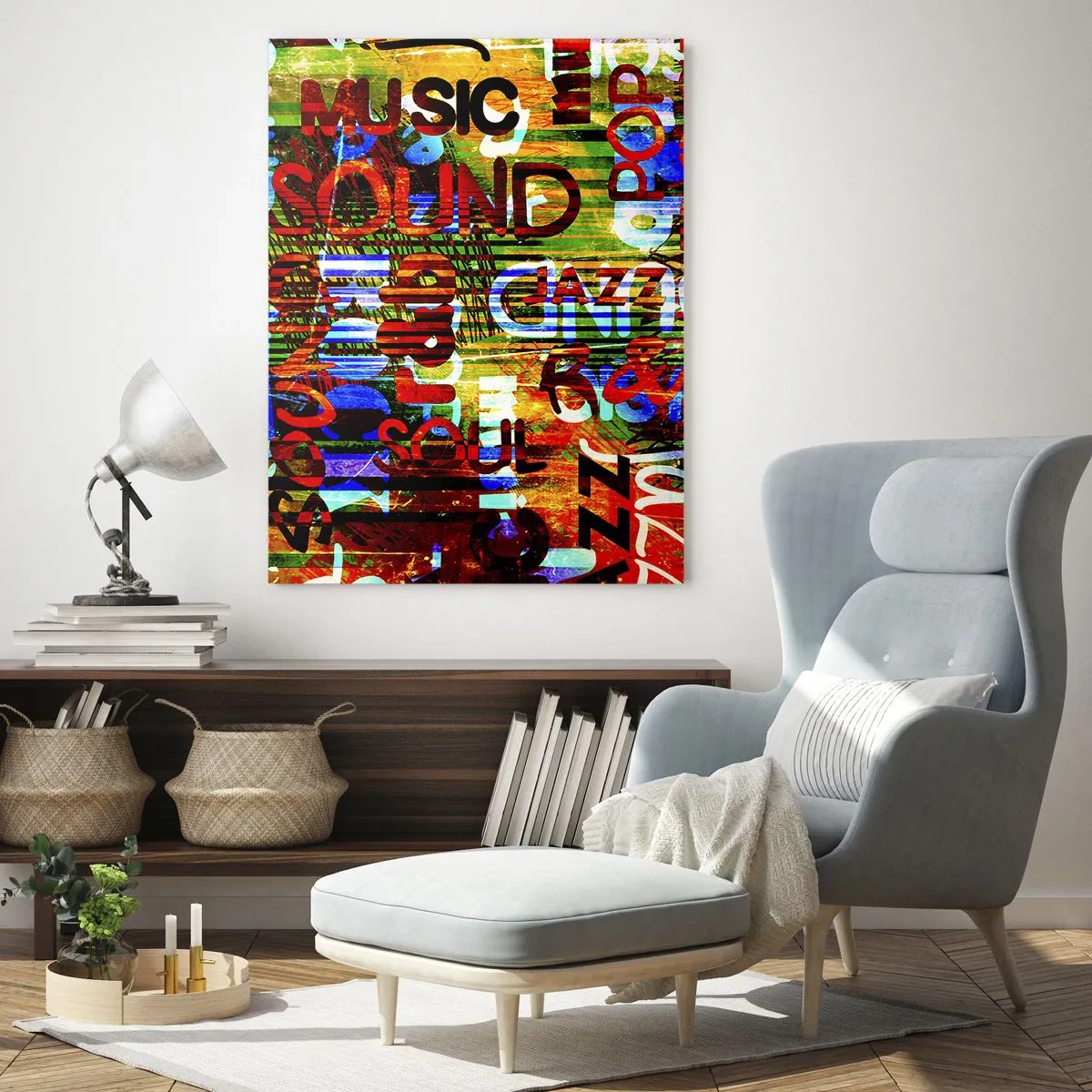 Impression sur verre - Image sur verre - Inscriptions colorées sur un fond de mosaïque artistique - 50x70cm - Toutes les nuances du son - Décoration murale moderne pour le salon et la chambre ARTTOR