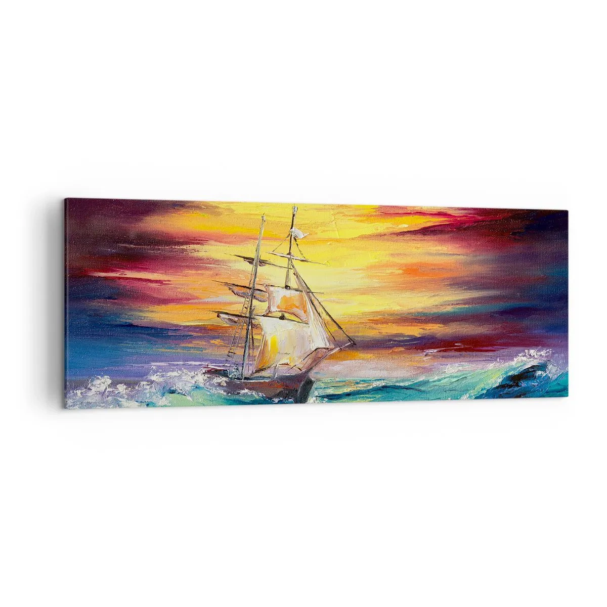 Impression sur toile - Image sur toile - Un voilier sur fond de coucher de soleil coloré - 140x50cm - Courageusement sous les vagues - Décoration murale moderne pour le salon et la chambre ARTTOR