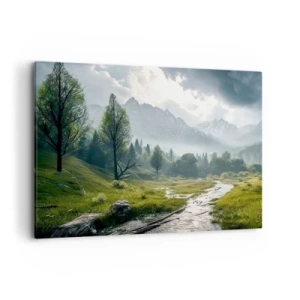 Impression sur toile - Image sur toile - Un paysage de montagne avec une rivière et des arbres entourés de montagnes brumeuses - 100x70cm - Aller et retour - Décoration murale moderne pour le salon et la chambre ARTTOR