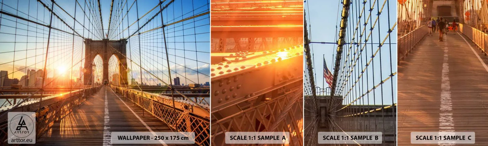 Échantillon de Papier Peint Autocollant Deluxe Sticker - Sur le pont d'or - New York, le pont de Brooklyn, Architecture - 100x30 cm