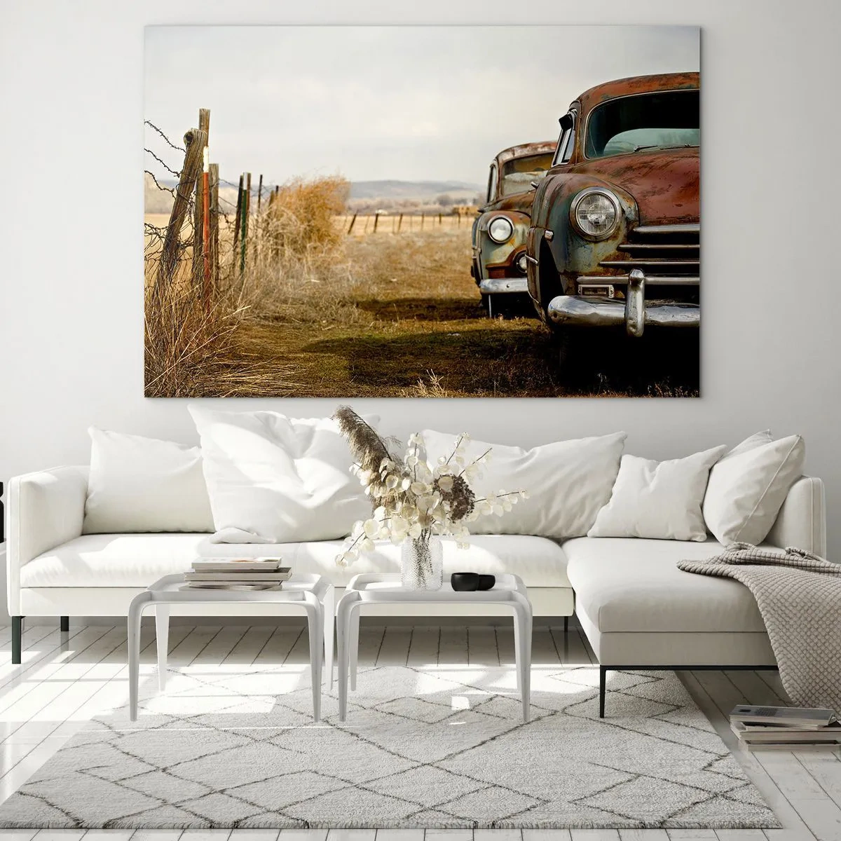 Impression sur verre - Image sur verre - Voitures anciennes sur une route de campagne - 70x50cm - Repos bien mérité - Décoration murale moderne pour le salon et la chambre ARTTOR
